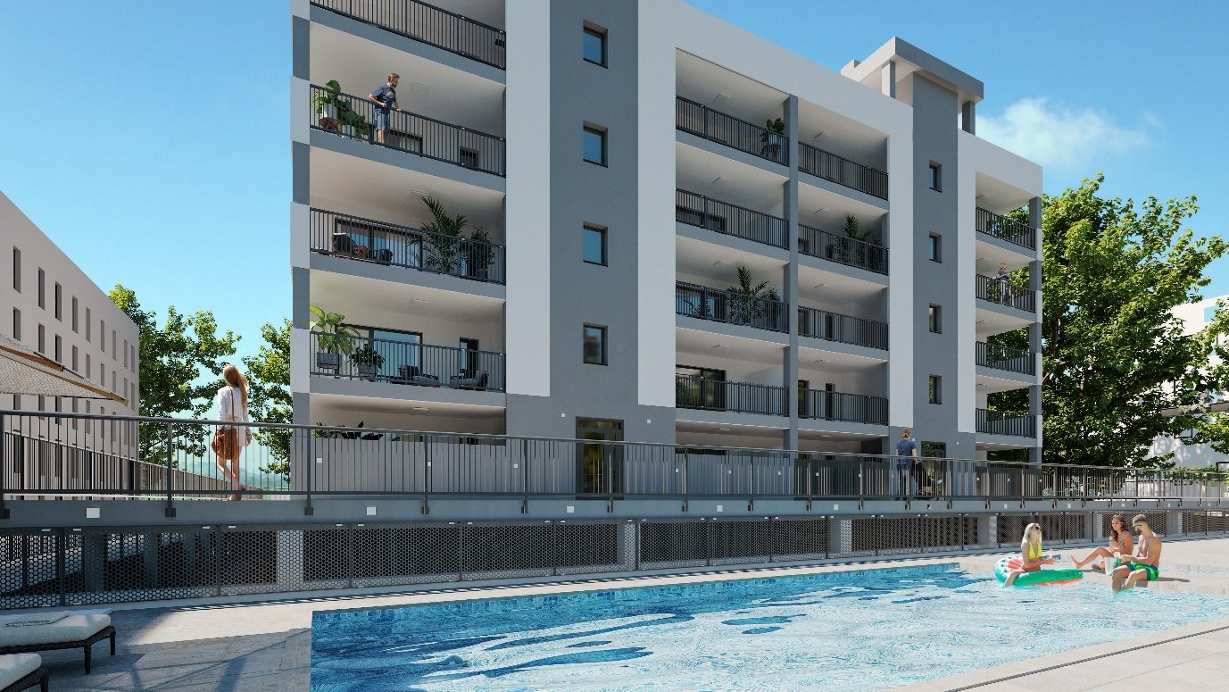 Fachada y zona de piscina de Residencial La Bocana